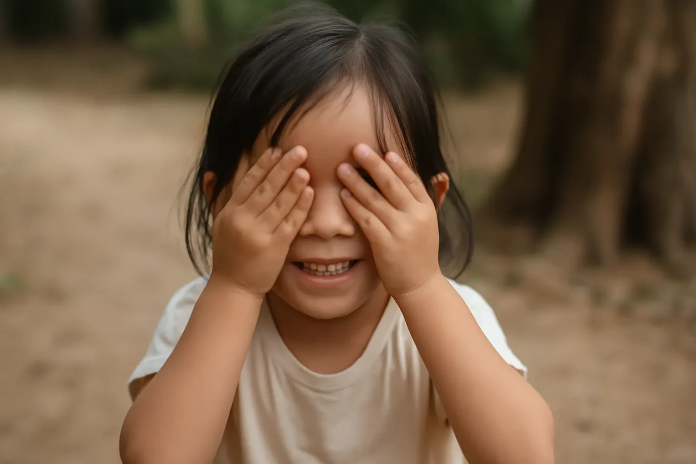Bé bịt mắt đếm số bắt đầu trò chơi trốn tìm
